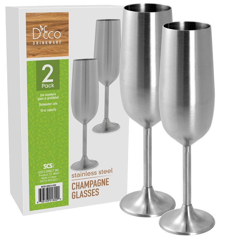 DECO Unbreakable 8 Oz Stainless Steel Champagne Flutes (2 Pk)- Stemmed Silver Champagne Glasses - Reusable Indoor Outdoor Drinkware - Keeps Drink Cold - Great for New Years Eve Parties & Holiday Xmas Gift - Image 1